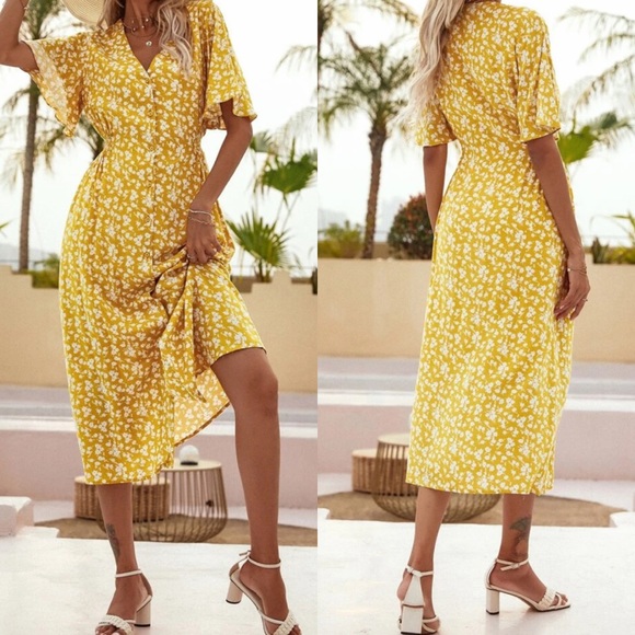 Boho floral print v neck button down dress - Picture 2 of 9